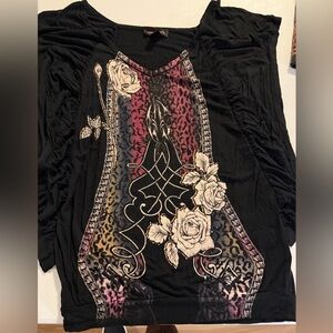 Vintage Christian Audigier Black Gothic Rose Leopard Print Ruched Top Lace L